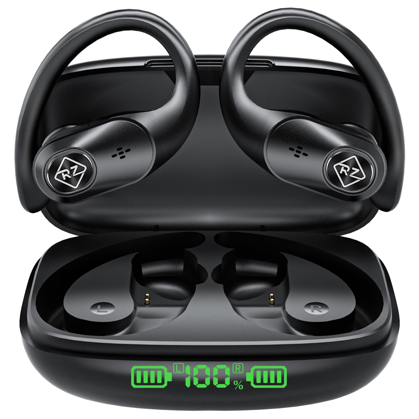 Wireless Earbuds Bluetooth Headphones 96H Playtime LED Display Waterproof Built in Mic Deep Bass Sound Secure Over Ear buds Earhooks for iPhone