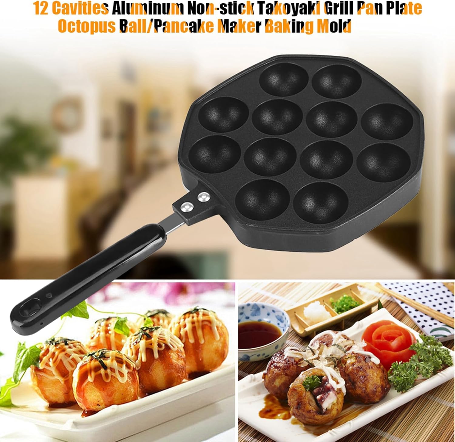Takoyaki Pan, Nonstick Stuffed Pancake Pan with 12 Cavities Half Sphere Aluminum Ebelskiver Pan for Danish Stuffed, Aebleskiver, Baking Cooking