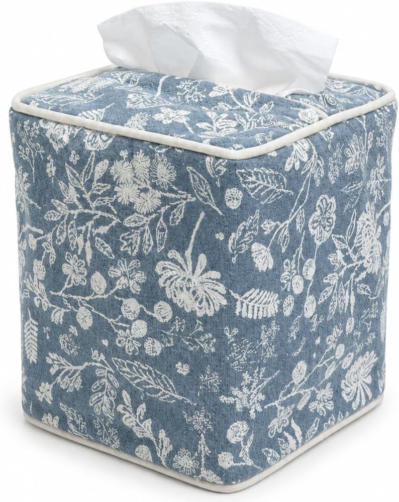 Floral Print Cotton Fabric Tissue Box Cover, Blue