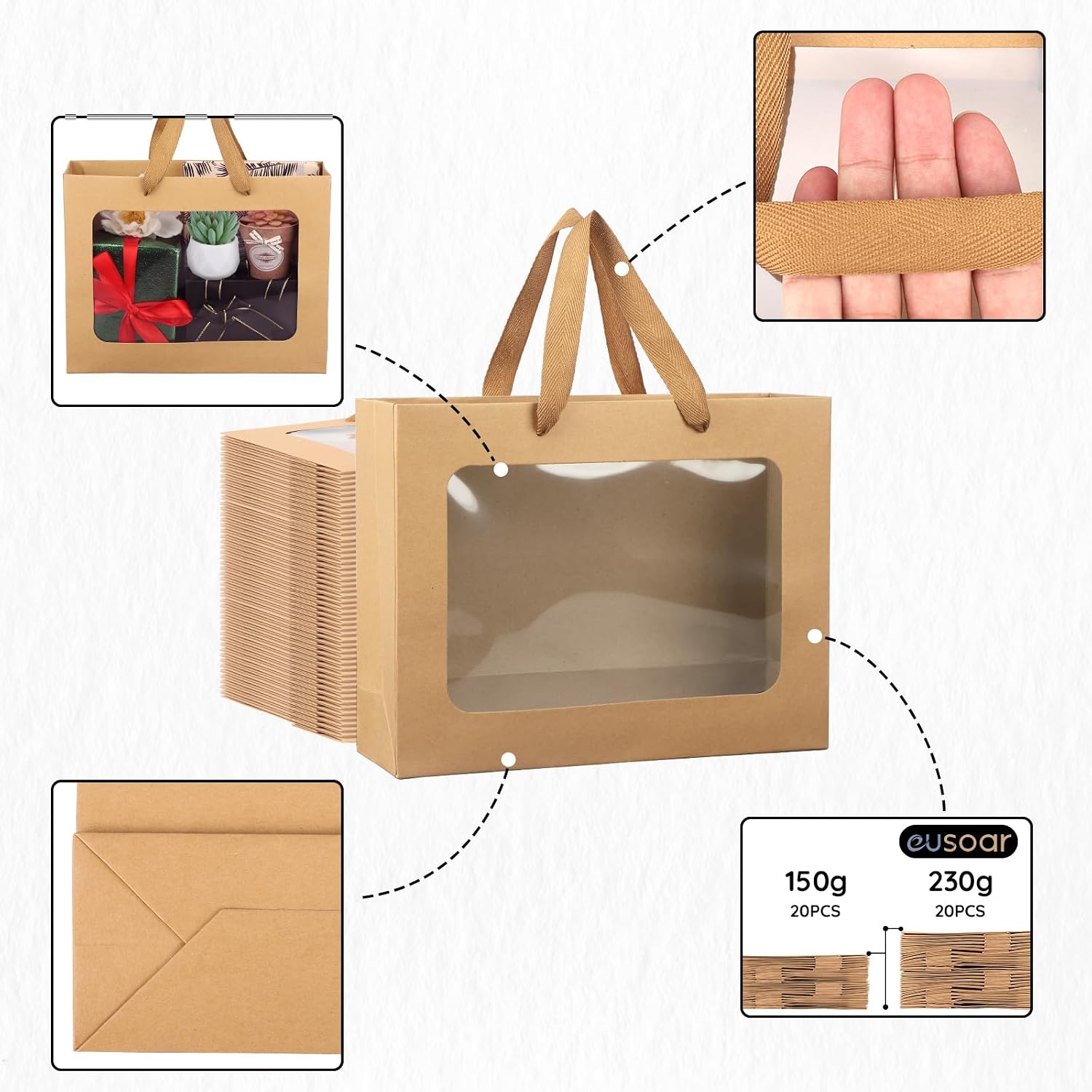EUSOAR Gift Bags with Transparent Window, 20pcs 10.6"x3.1"x8.3" Brown Clear Paper Bags with Handles, Bouquet Tote Gift Shopping Bag Bulk for Wrapping Wedding Festival Bridal Party