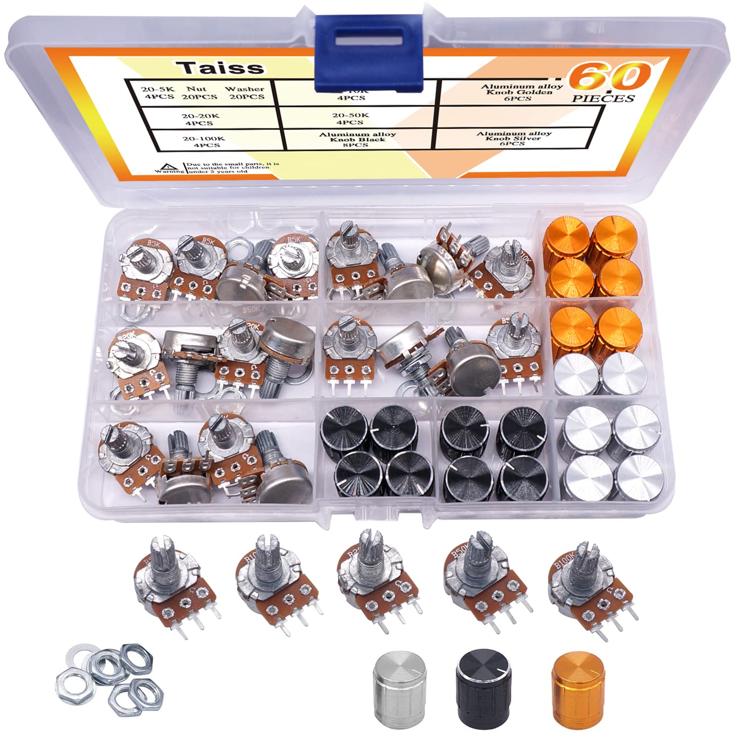 Taiss 60PCS Potentiometer Kit B5K 10K 20K 50K 100K Ohm Linear Taper Rotary Audio B Type Potentiometer with Nuts, Washers and 3 Different Colors of Aluminum Alloy knobs F029: Industrial & Scientific