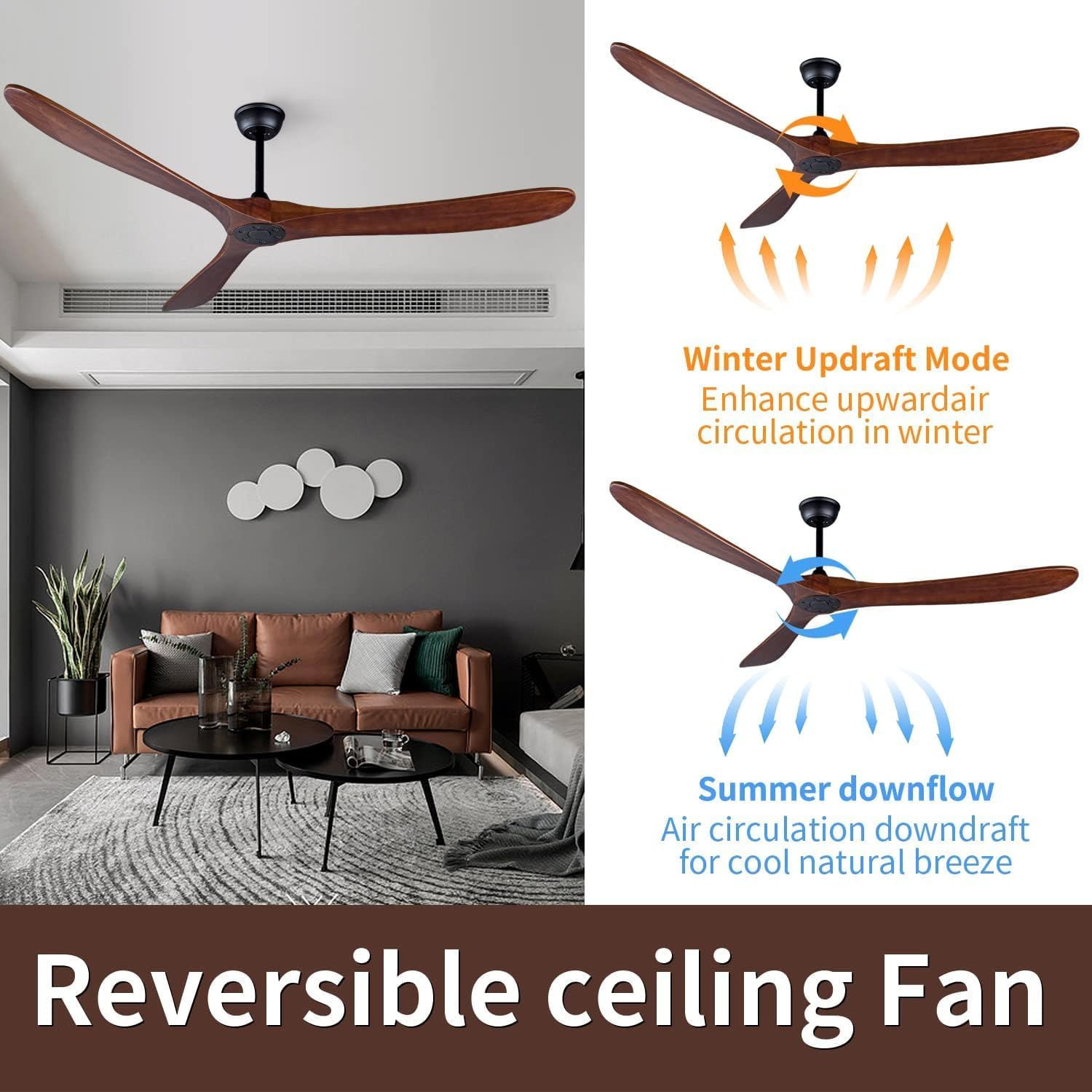 Ceiling Fan No Light, 70 Inch Modern Solid Wood Ceiling Fan with Remote, Quiet DC Motor, Flush Mount Low Profile Indoor or Covered Patio Ceiling Fan for Bedroom Living Room, Natrual Wood