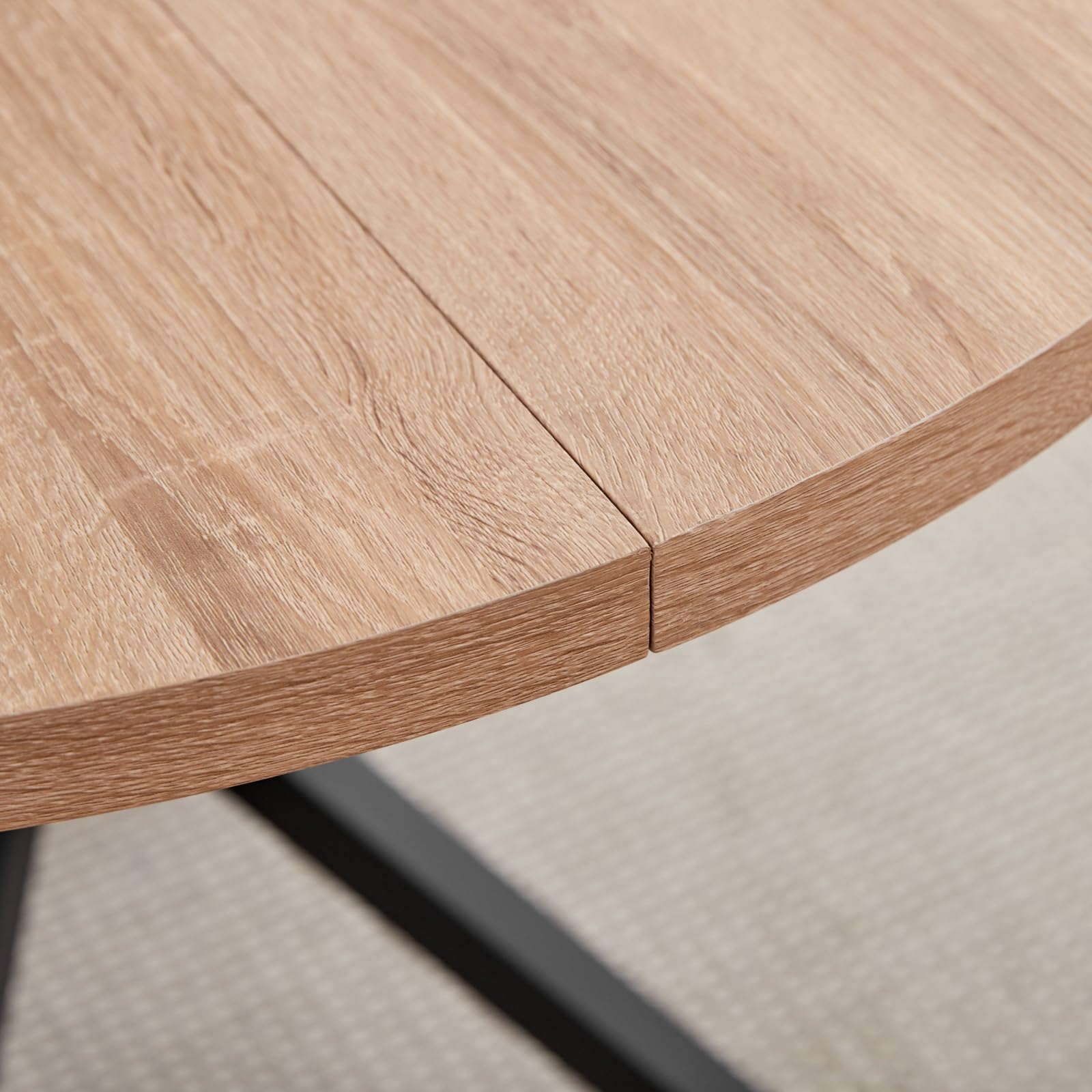 Mesa de Comedor Redonda Moderna con Tablero de MDF, Patas de Metal Negro, Adecuada para Salón, Cocina, Comedor, Mesa de Comedor Nórdica, 100 cm - Textura de Roble Claro