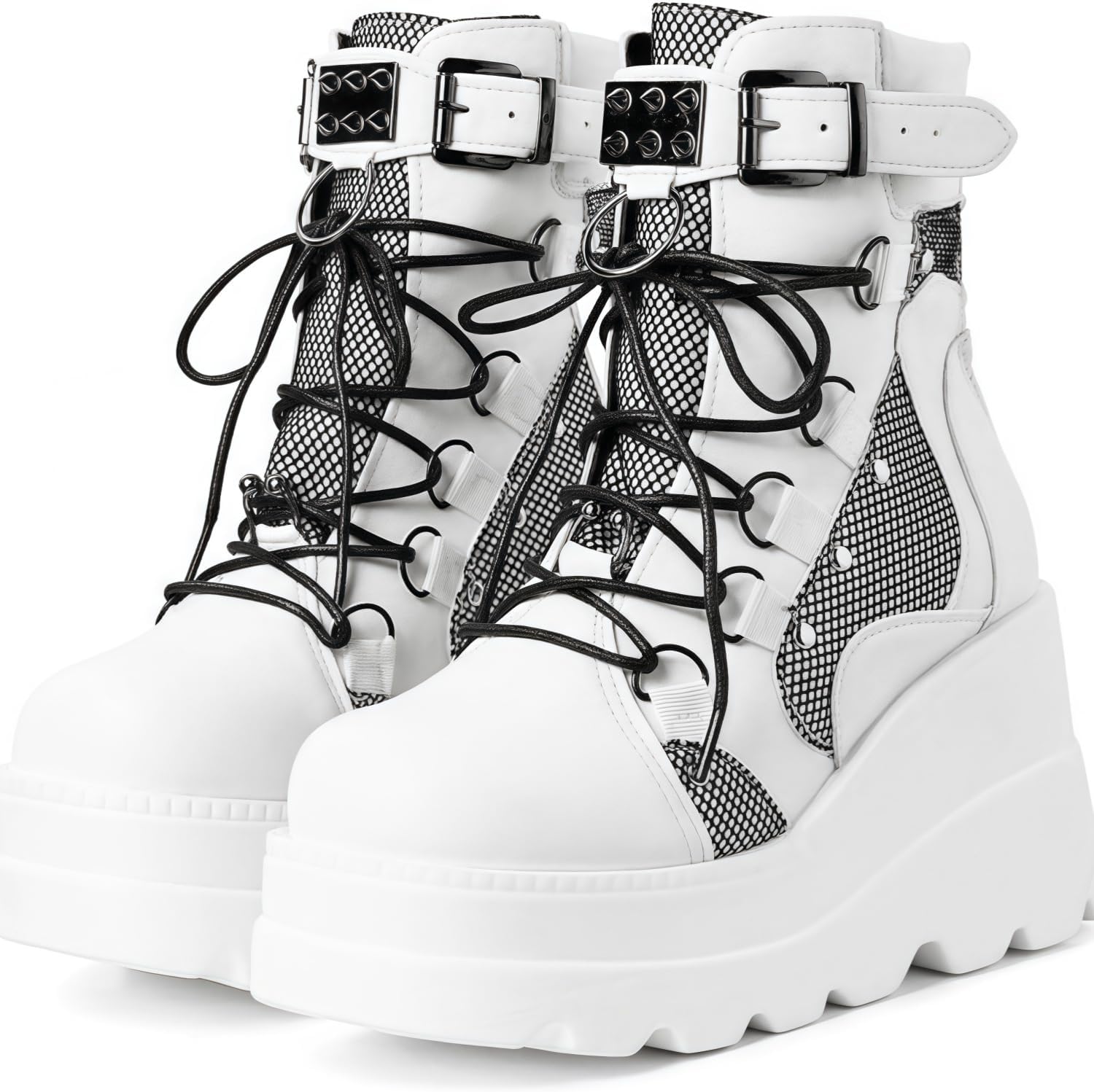 Women's Gothic Platform Combat Boots with Bat Wings Lace-up with Buckle Straps Ankle Boots Chunky Platform Sole Fashion Studded Motorcycle Boots