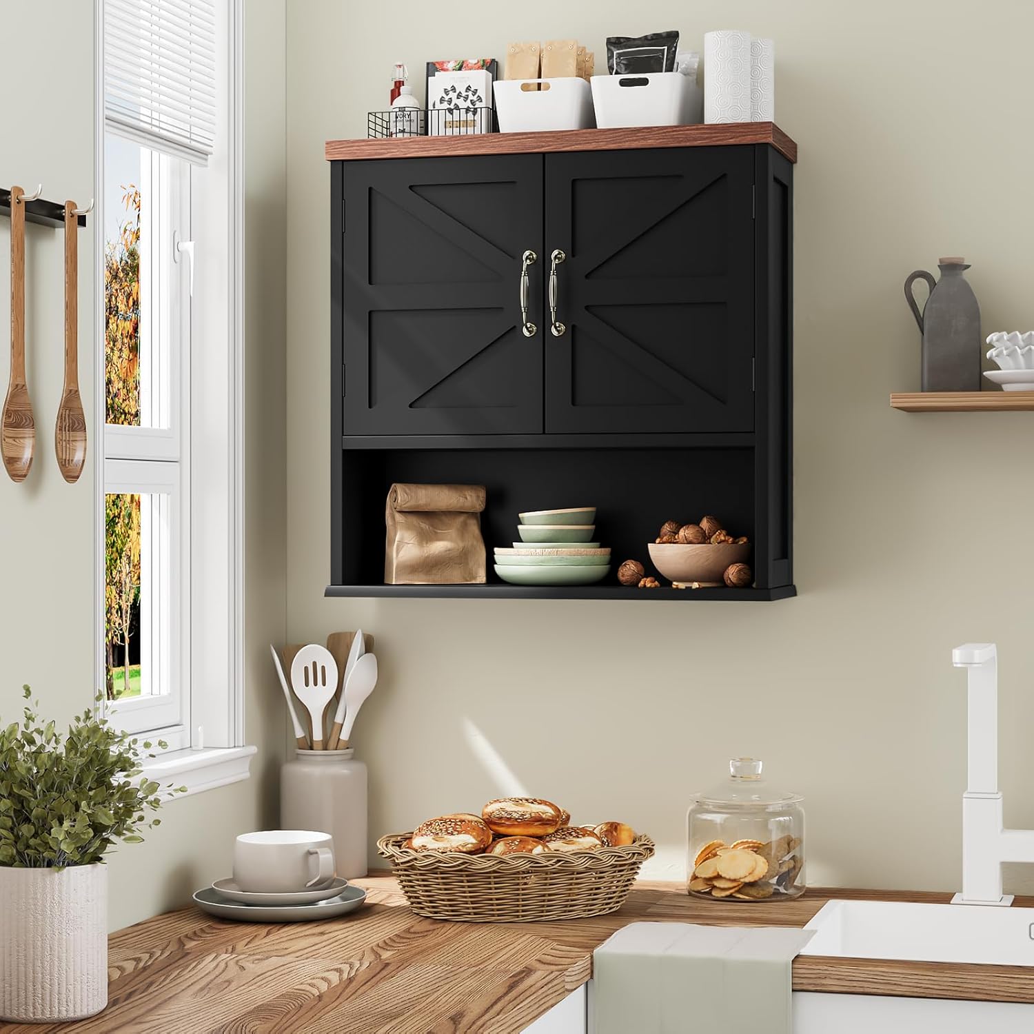 smuxee farmhouse bathroom cabinet wall mounted, black medicine cabinet with adjustable shelf, bathroom cabinet for living room, laundry room big black