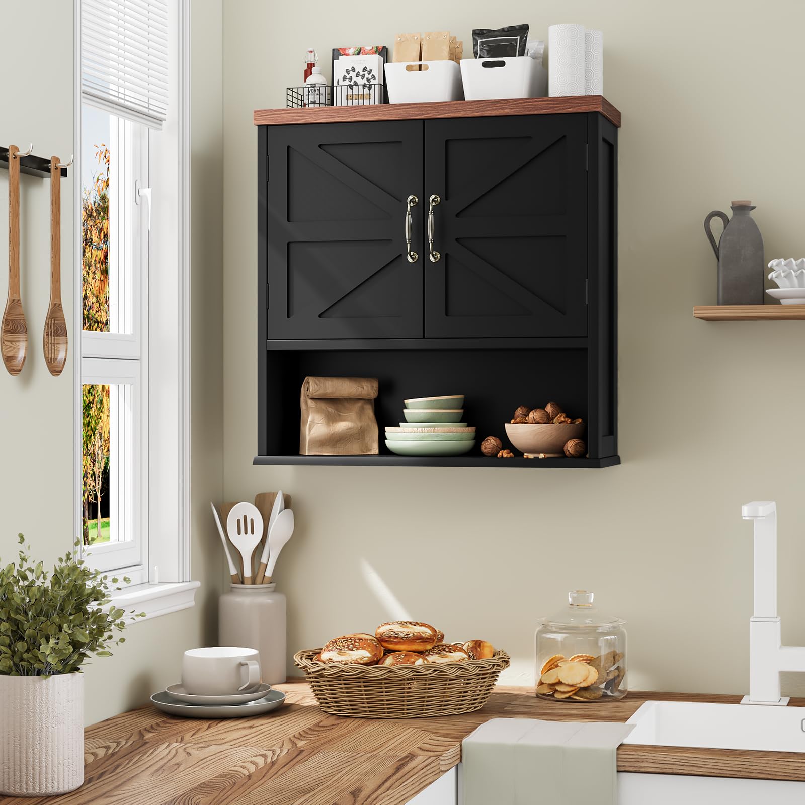 Smuxee Gabinete de pared de granja, botiquín negro con estante ajustable, para baño, sala de estar, lavandería