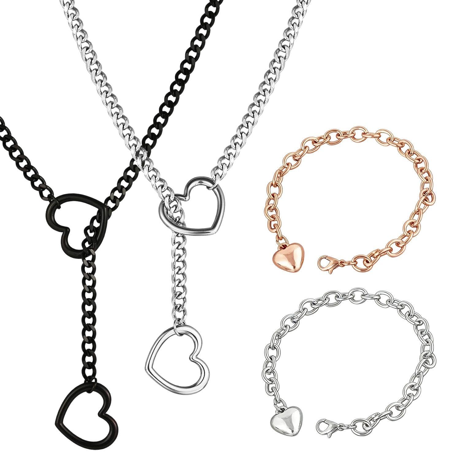 Ushxvg Black 2 Peach Heart Lasso Y-Shaped Chains And 2 Love Bracelets, Punk Rock Style Necklaces, Personalized All-Match Accessories, Suitable For Daily Wear, Birthday Gifts And Other Scenes.
