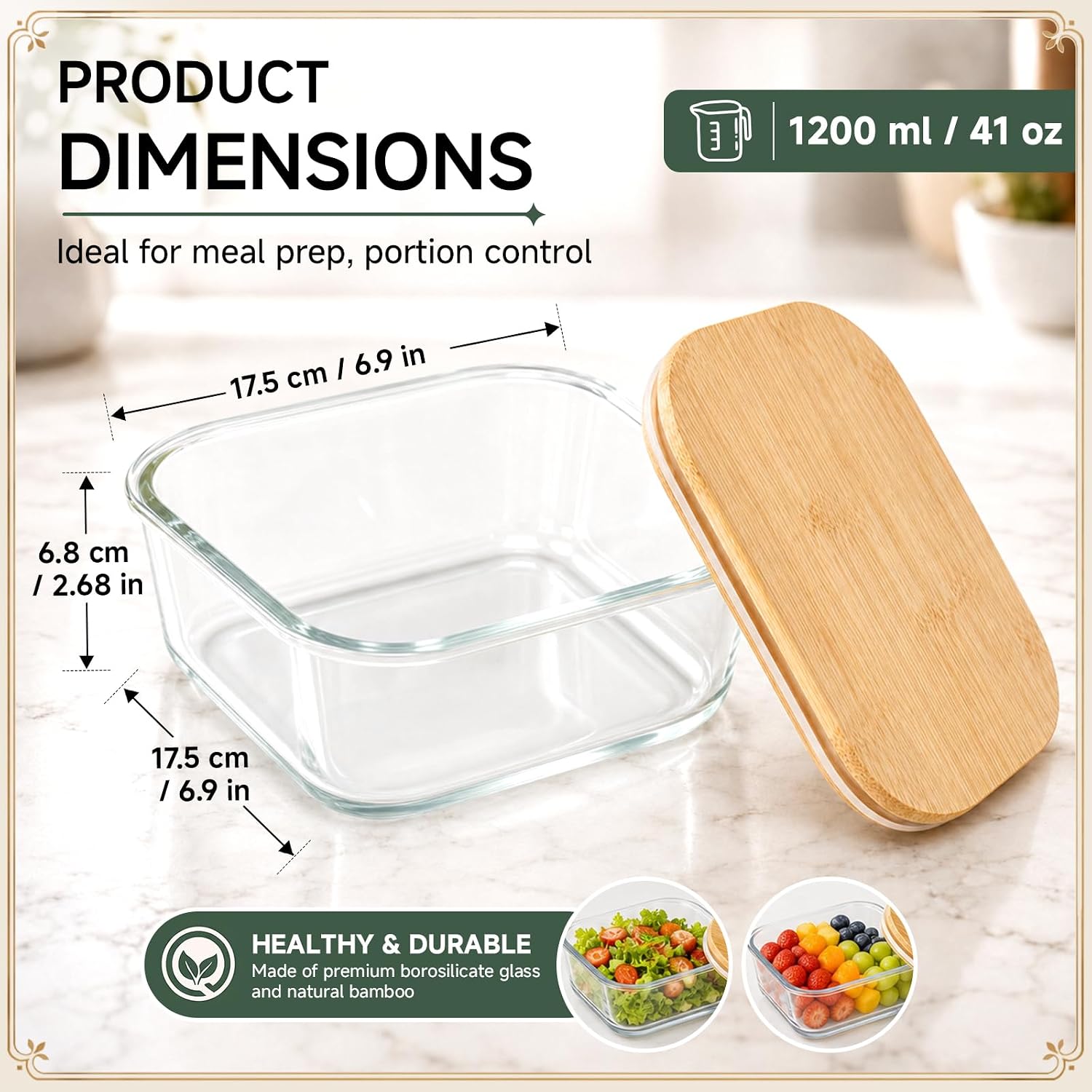 7 Inch Square Glass Trifle Bowl with Bamboo Lid, Serving Bowl