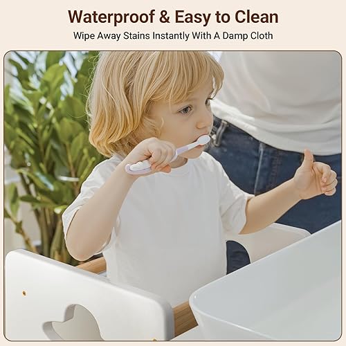 Miniatura 4 de COSYLAND Torre ajustable de pie para niños pequeños de 33.5 pulgadas, taburete estable de cocina para niños con barra transversal protectora,