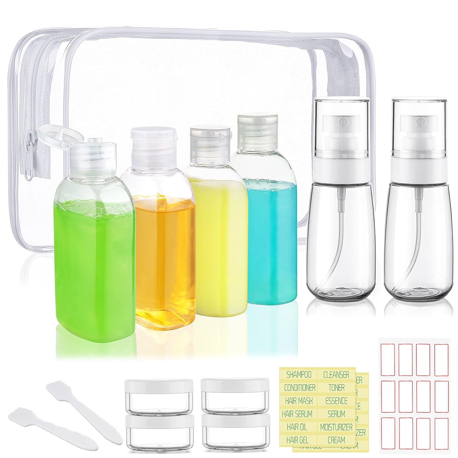 Travel Kit - 10 Pcs Travel Bottles for Toiletries, TSA Approved, Leak Proof Plastic Small Cream Jars & Refillable Spray Bottle for Shampoo, Conditioner (Brown)