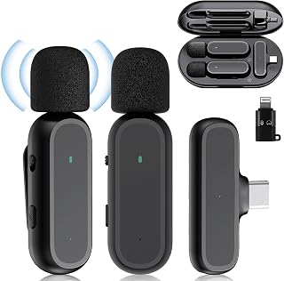 Wireless Lavalier Microphone for IOS and Android Phones with Adapter, Plug-Play Clip-on Mic with Charging Case, Noise Reduction Mini Microphone for Interview, Vlog, Presentation, Live Streaming (2Pcs)
