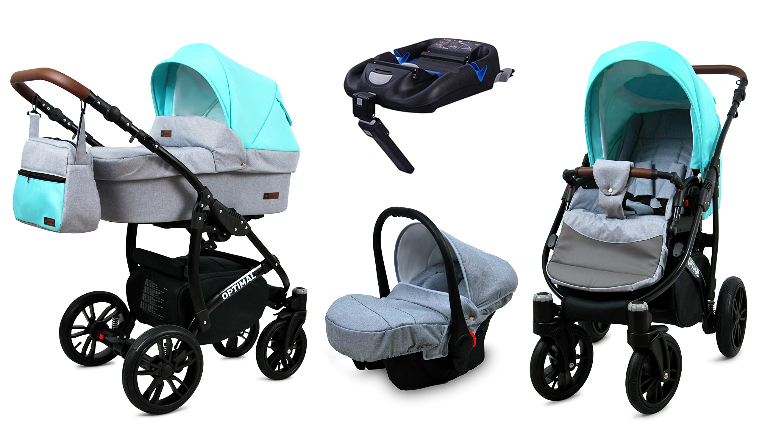 BabyLux Wózek 4w1 Optimal Baza Isofix Wózek Głęboki Spacerowy i Fotelik Samochodowy Certyfikat OEKO-TEX STANDARD 100 60cmx95cmx115cm 14 kg Silver Mint Czarna Rama