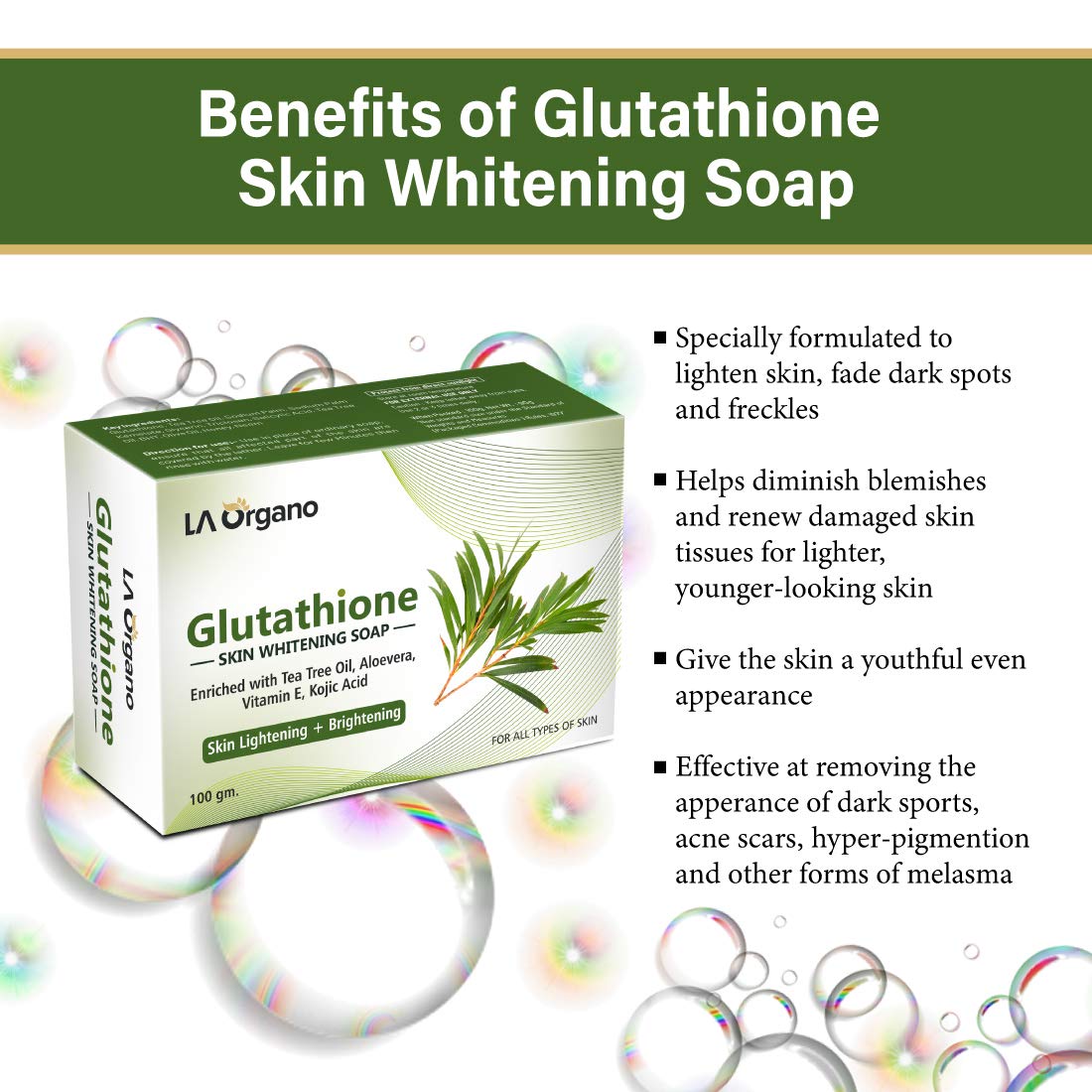 LA Organo Glutathione Skin Whitening Soap with Tea Tree, Aloe Vera, Vitamin  E for Skin Lightening & Brightening Soap - All Skin Types (100gm) Pack of  ...