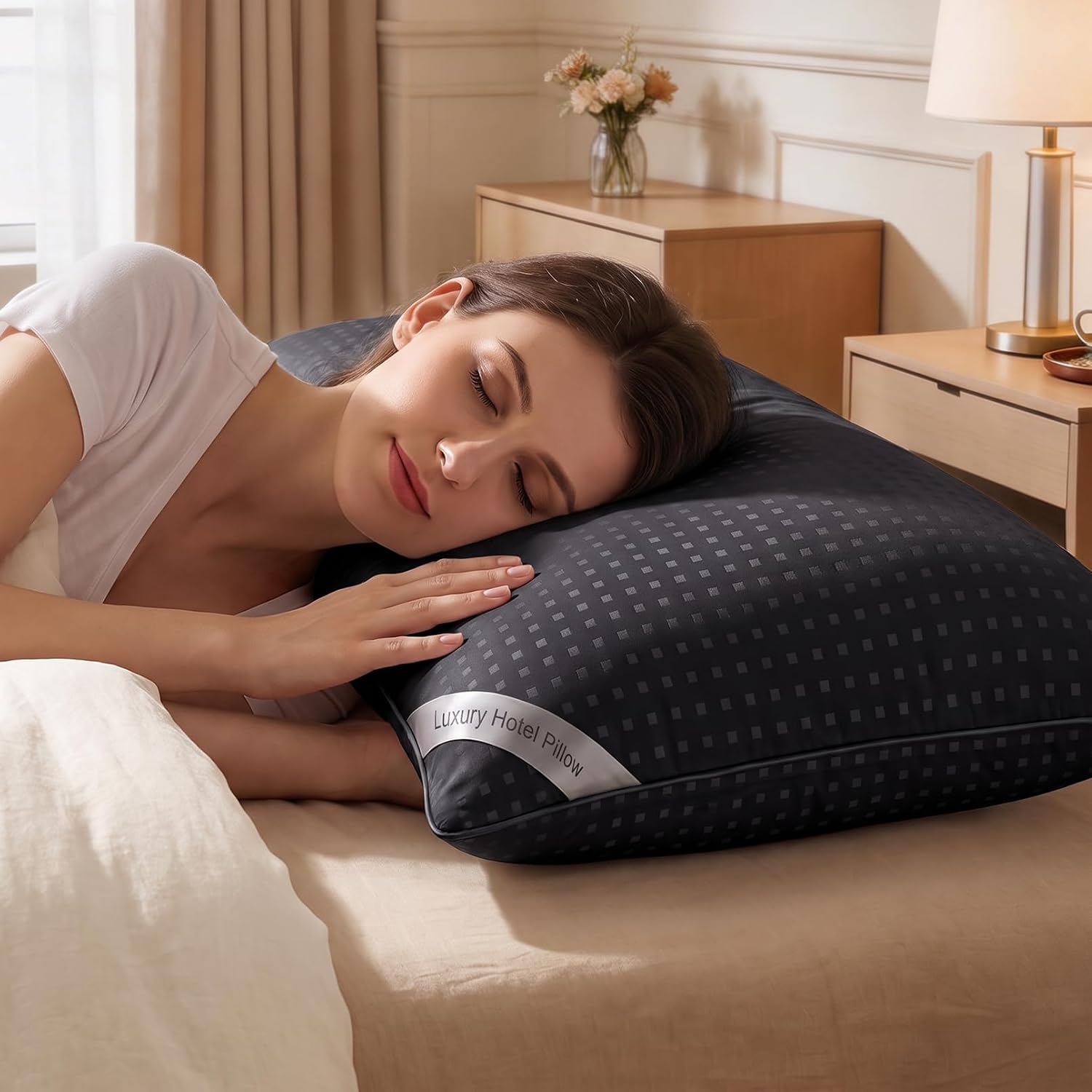 Standard Size Bed Pillows for Sleeping Set of 4,4 Pack Great Support Luxury Hotel Pillows for Side,Stomach and Back Sleepers(Black,4-Pack)