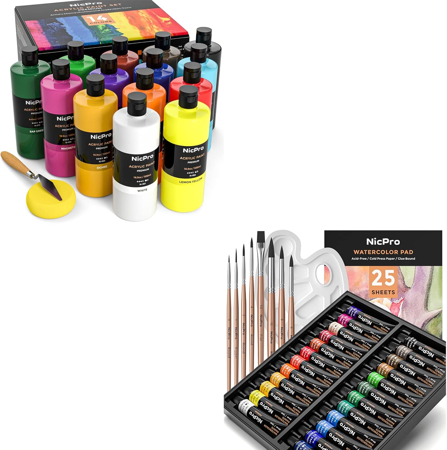 Nicpro 14 Colors Large Bulk Acrylic Paint Set&Watercolor