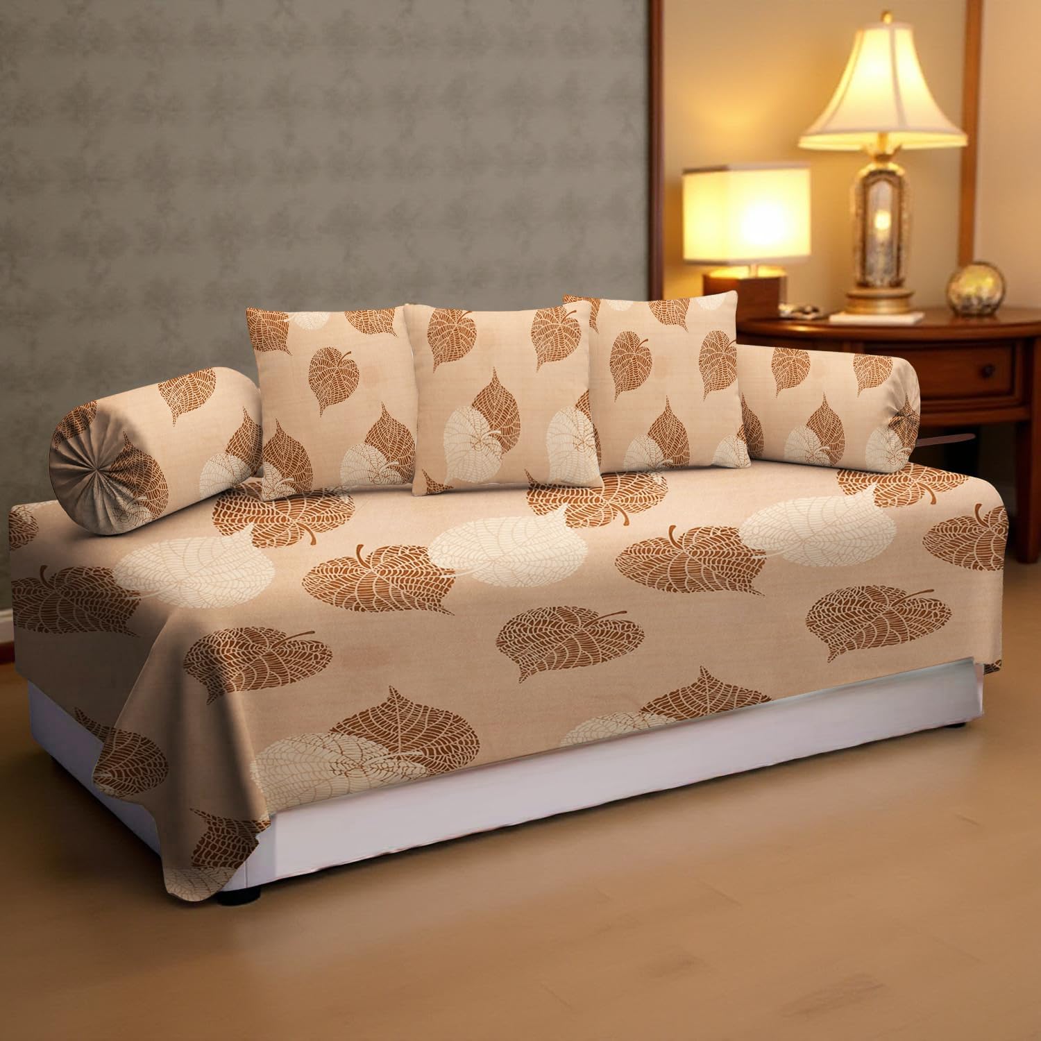 220 TC Diwan Set Covers Polycotton 6 Pieces Pure Cotton Designer Printed Standard Diwan Set (1 Single Bedsheet, 2 Bolster Covers, 3 Cushion Covers) (Brown Leaf, Standard)-image-32