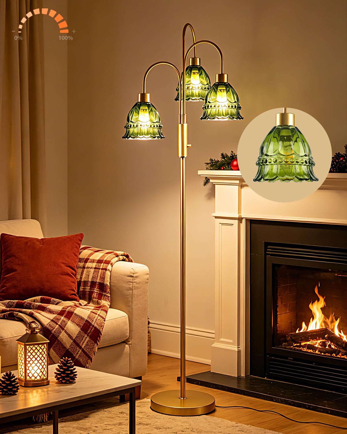 3-Light Glass Floor Lamp Green Shade 70" Gold Dimmable Tall Standing Lamp