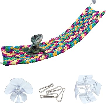 QWR 30" x 7" Hand-Knitted Soft Reptile Lizard Hammock,Lengthened Thicker Hammock for Bearded Dragon Tank Swing Hanging with Strong-Adhesive Hooks,Breathable Bed for Gecko ChameleonRectangular