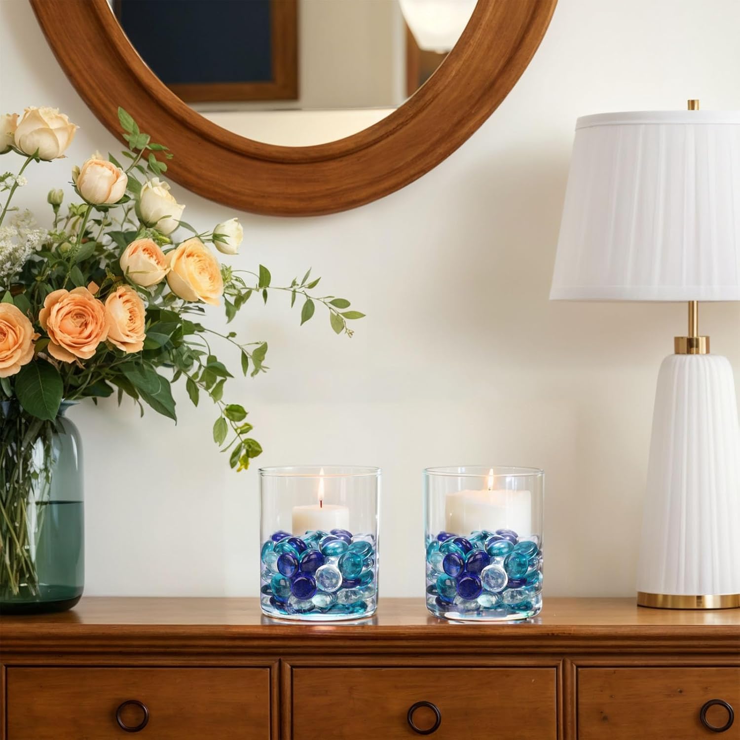 FUTUREPLUSX 5 Lb Flat Glass Marbles, 500PCS Blue Mixed Color Flat Gems Decorative Glass Stones Vase Filler Beads Table Scatter Decor