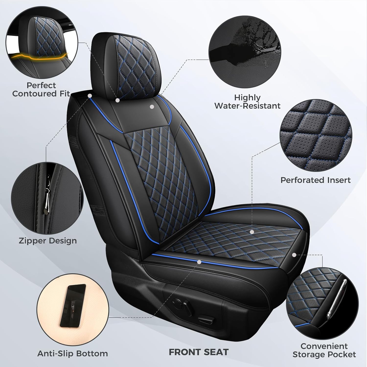 FREESOO Car Seat Covers Full Set for Dodge Ram 2002-2018 1500, 2011-2026 2500 3500 Classic Crew Cab Quad Cab Leather Seat Cover with Concave Bench, Black Blue