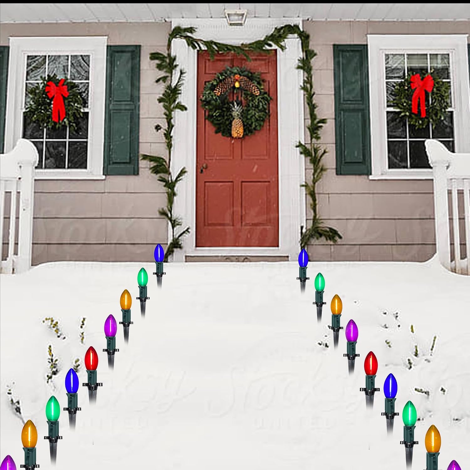 C9 Led Christmas Pathway Light Outdoor, 38FT Christmas Marker Stake Lights with 27 C9 Clear Multicolored LED Bulbs and 25 Marker Stakes for Yard Lawn Sidewalk Driveway Decorations