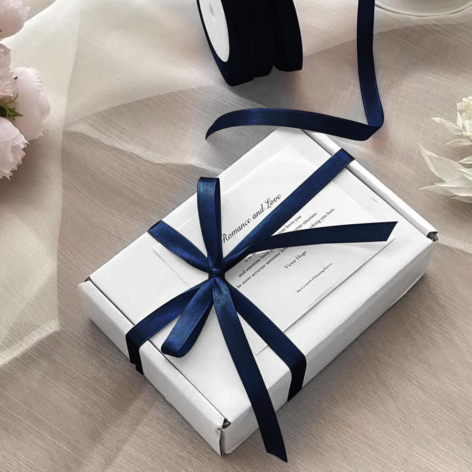 Navy Blue Satin Ribbon 3/8 inch x Continuous 50 Yards Navy Blue Silk Ribbon for Valentines Gift Wrapping Crafts Wedding DIY Decoration Bows Bouquet Floral Arrangement