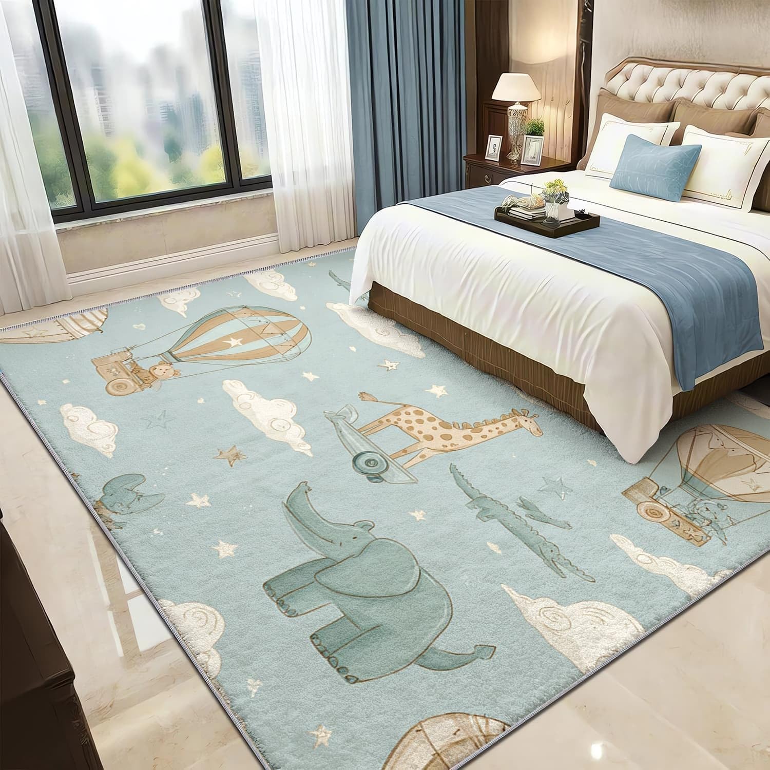 80x150 cm Alfombras Dormitorio Dibujos Animados Aventura Animales Sin Despren dimiento Moderna, Suave y Esponjosa Alfombra Azul Claro Antideslizante Lavable, ideal para salón, Dormitorio o pasillo