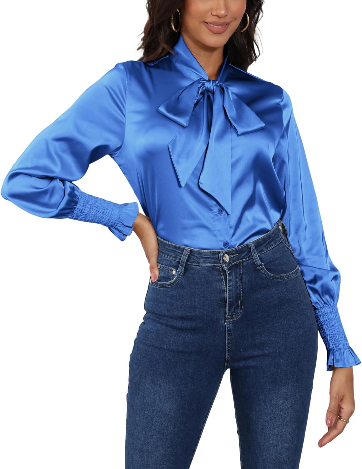 Satin Blouses for Women Dressy Smocked Long Sleeve Bow Tie Neck Shirts Casual Work Tops - Image 2