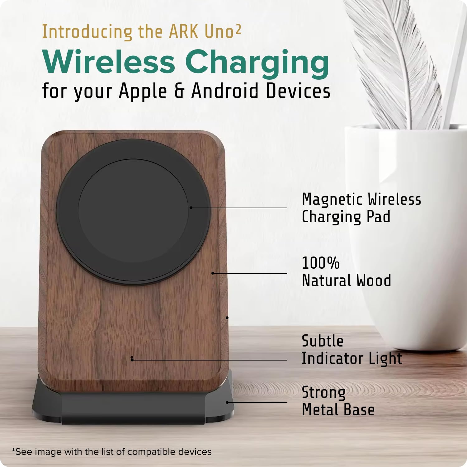 ARK Uno² - Solid Wood Phone Stand Magnetic Wireless Charging Station w/Adapter & USB to USBC 15W Wireless Charger. Home, Office, Kitchen,Best Mens Gifts!
