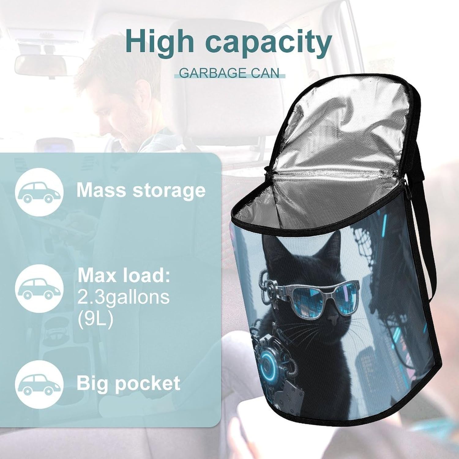 MUSM Leakproof Car Trash Can 2.5 Gallon, Durable Automotive Garbage Bag with Waterproof Liner, Black Cat Glasses Trash Bag for Car, Truck, RV & Bathroom