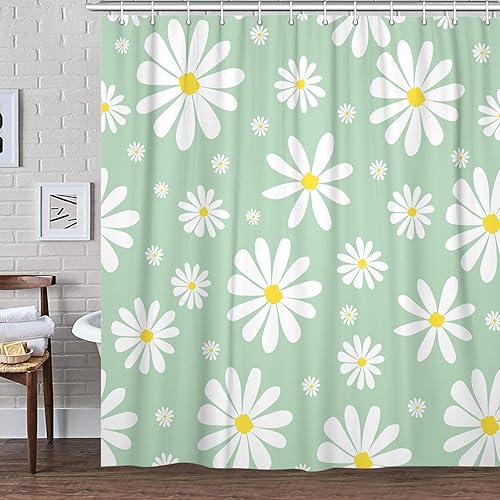 Miniatura 2 de Cortina de ducha floral con margaritas verdes, bonito juego de cortinas de ducha de tela de flores retro bohemias blancas y verdes para niñas,