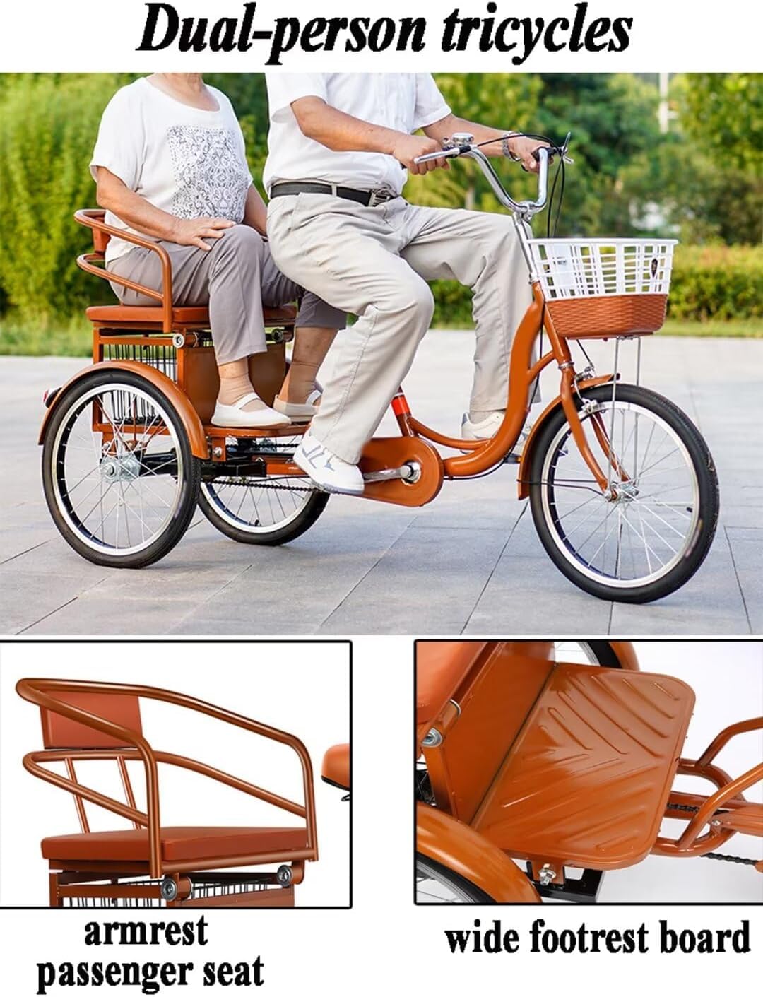 Rowery Turystyczne Typu Cruiser Z Siedzeniem Pasażera, Skuter Dla Osób Starszych, Trójkołowy Rower Z Hamulcem, Wózek Zakupowy, Riksza, Rower Z Pedałami, Black, 20inch