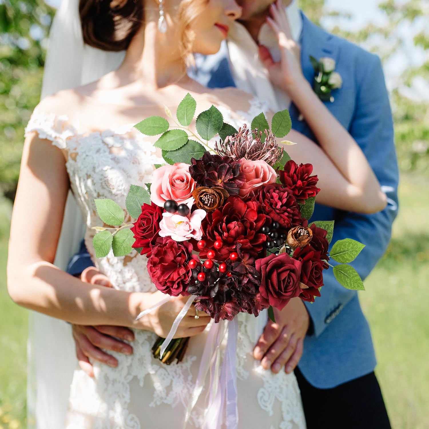 Artificial Flowers Combo Box Set Burgundy Silk Flowers for DIY Wedding Bouquet Arrangements Bridal Shower Party Home Decorations (Mature Burgundy) - Image 5