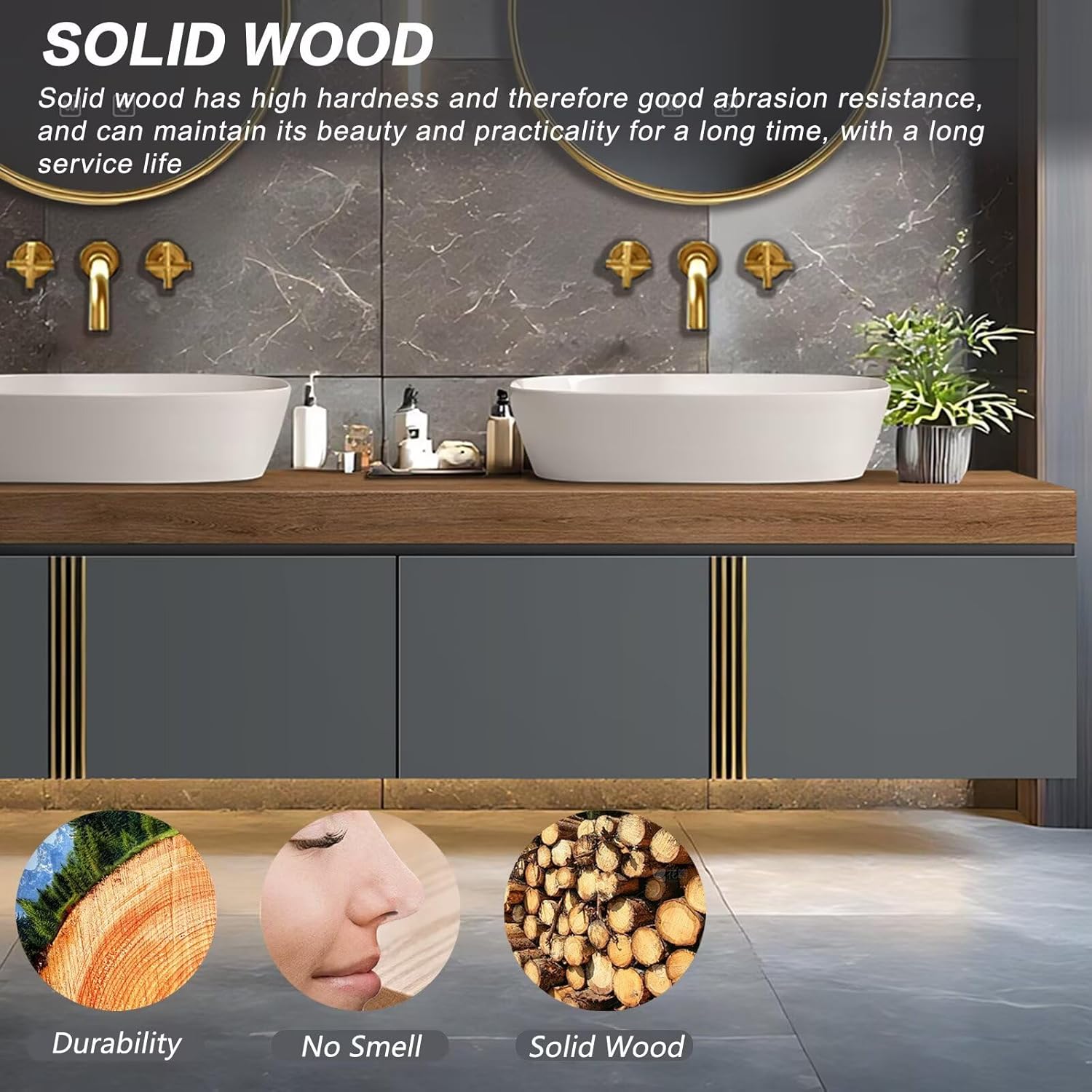 Modern Bathroom Vanity with Sink 72Inch (Solid Wood Storage Cabinet)(Large Countertop) Golden Lines Adorn, Smart Defog Mirror, Grey