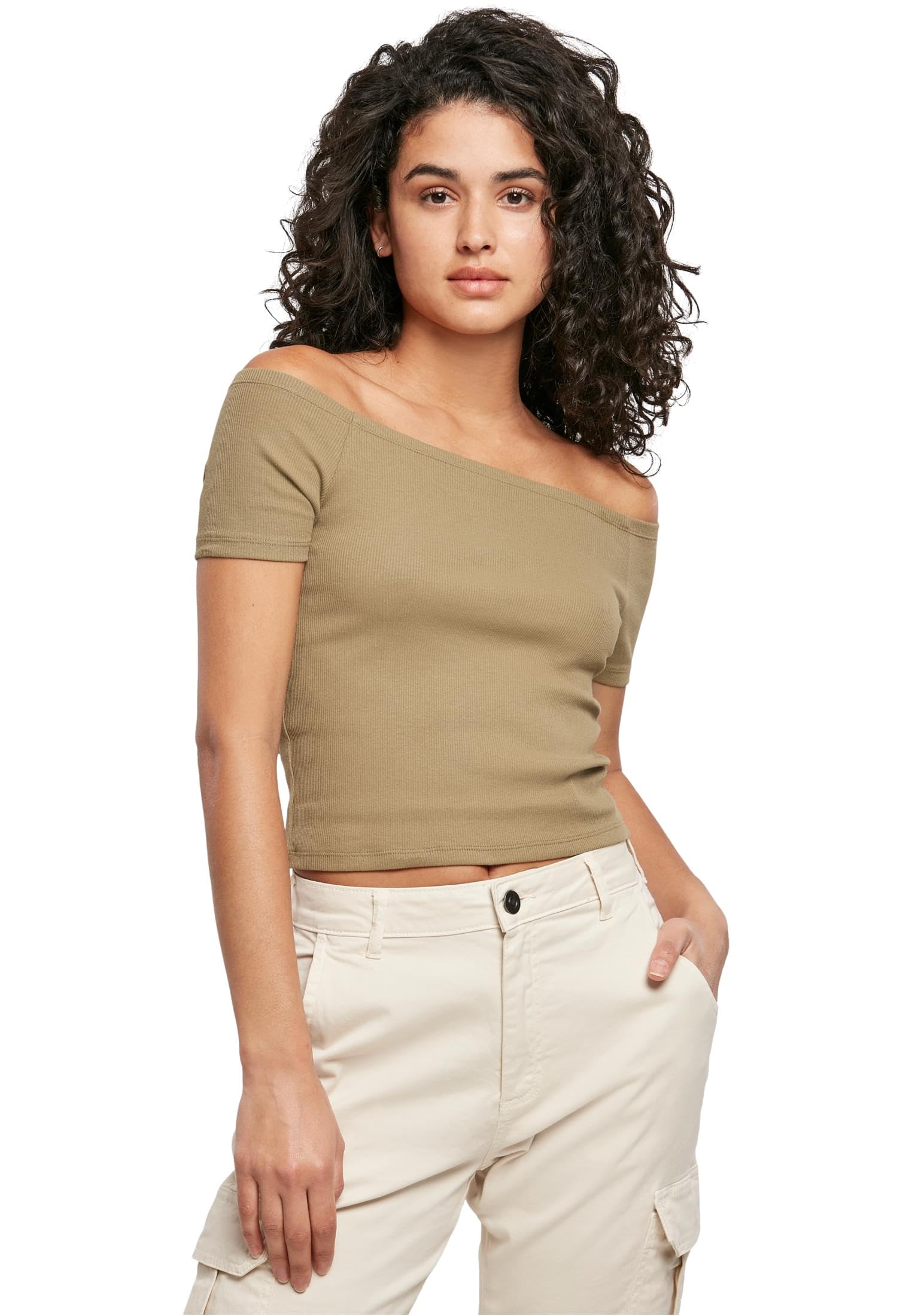 Urban Classics Women's Ladies Off Shoulder Rib Tee T-Shirt, Khaki, XXL