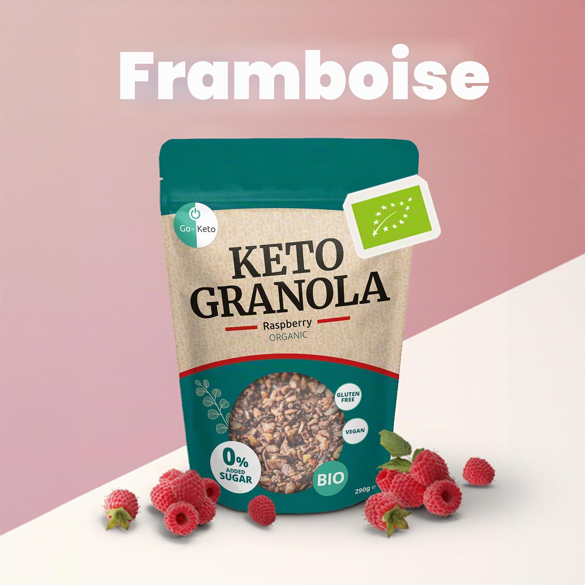 Go-Keto BIO Keto Granola Raspberry 6x 290g - Muesli Keto pour un délicieux petit déjeuner Keto, avec chips de noix de coco, noix, graines de tournesol & pépins de courge, végétalien, sans gluten