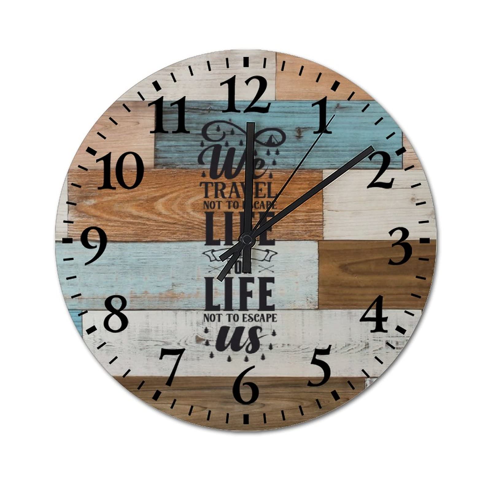 Round Wood Wall Clock Fashion Wooden Clock We Travel Not to Escape Life But for Life Not to Escape Us Farmhouse Clocks with Arabic Numerals Classic Digital Silent Battery Operated Wall Clock