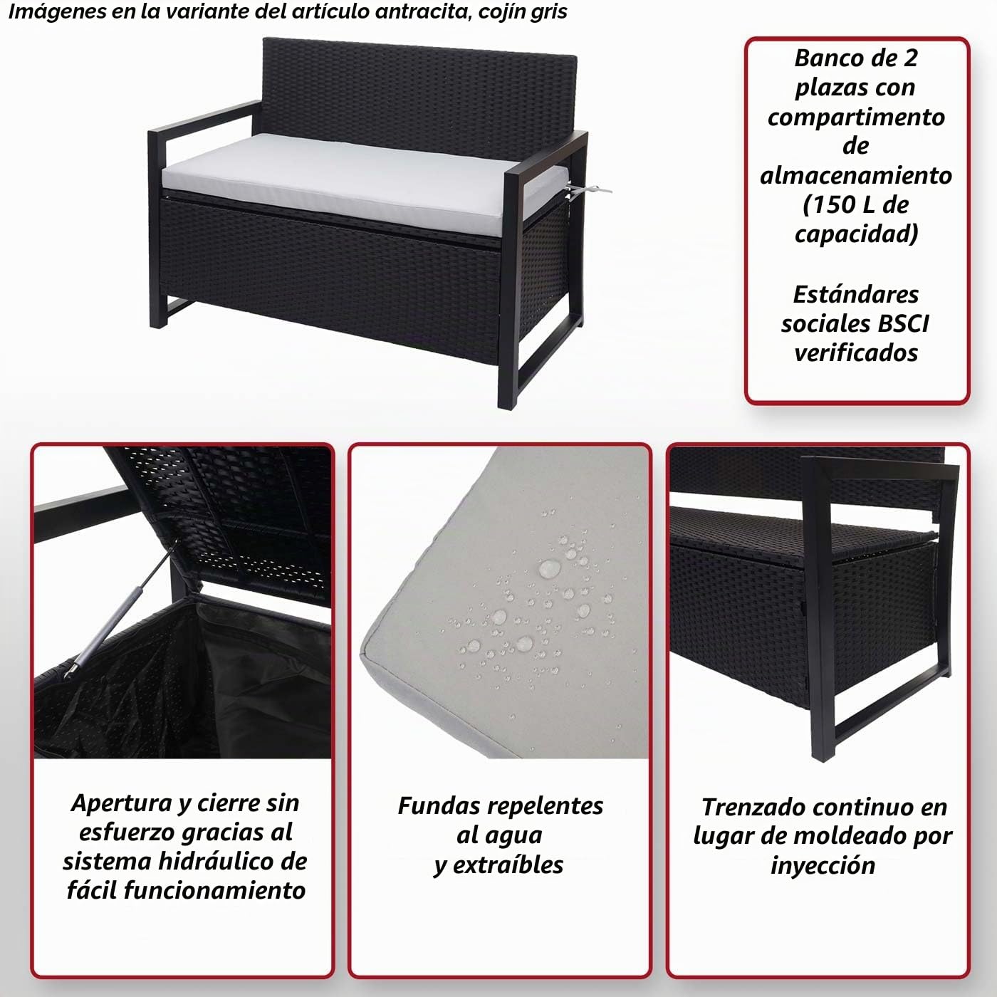 Mendler Banco de 2 plazas HWC-F39 de polirratán, banco de jardín, baúl, compartimento de almacenamiento, cojín de almacenamiento, color antracita, cojín gris