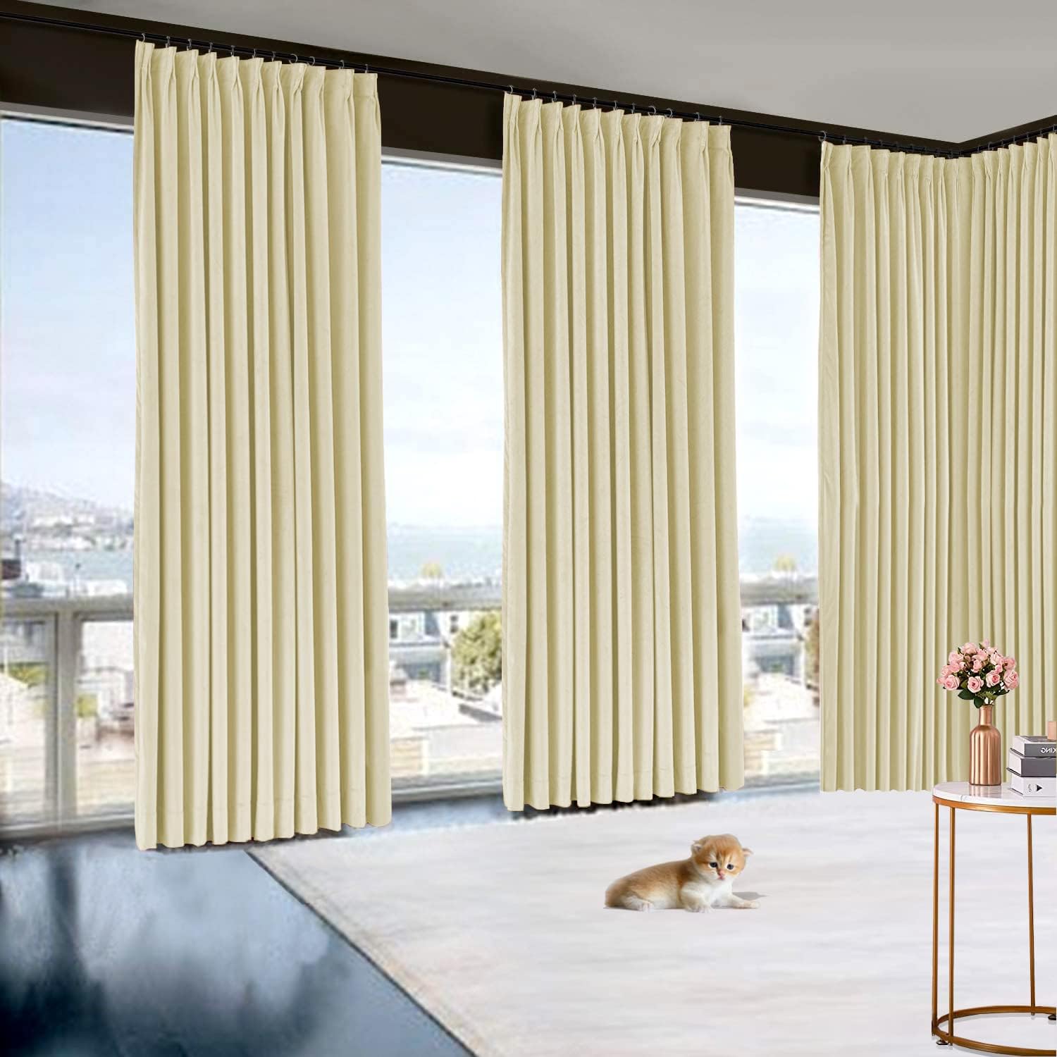 Double Pinch Pleat Draperies Extra Long Solid Curtains 2 Story Window Hall Theater Room Office Room Partition Attractive Polyester (Ivory, 60 Inch Wide by 132 Inch Long- 1 Panel)