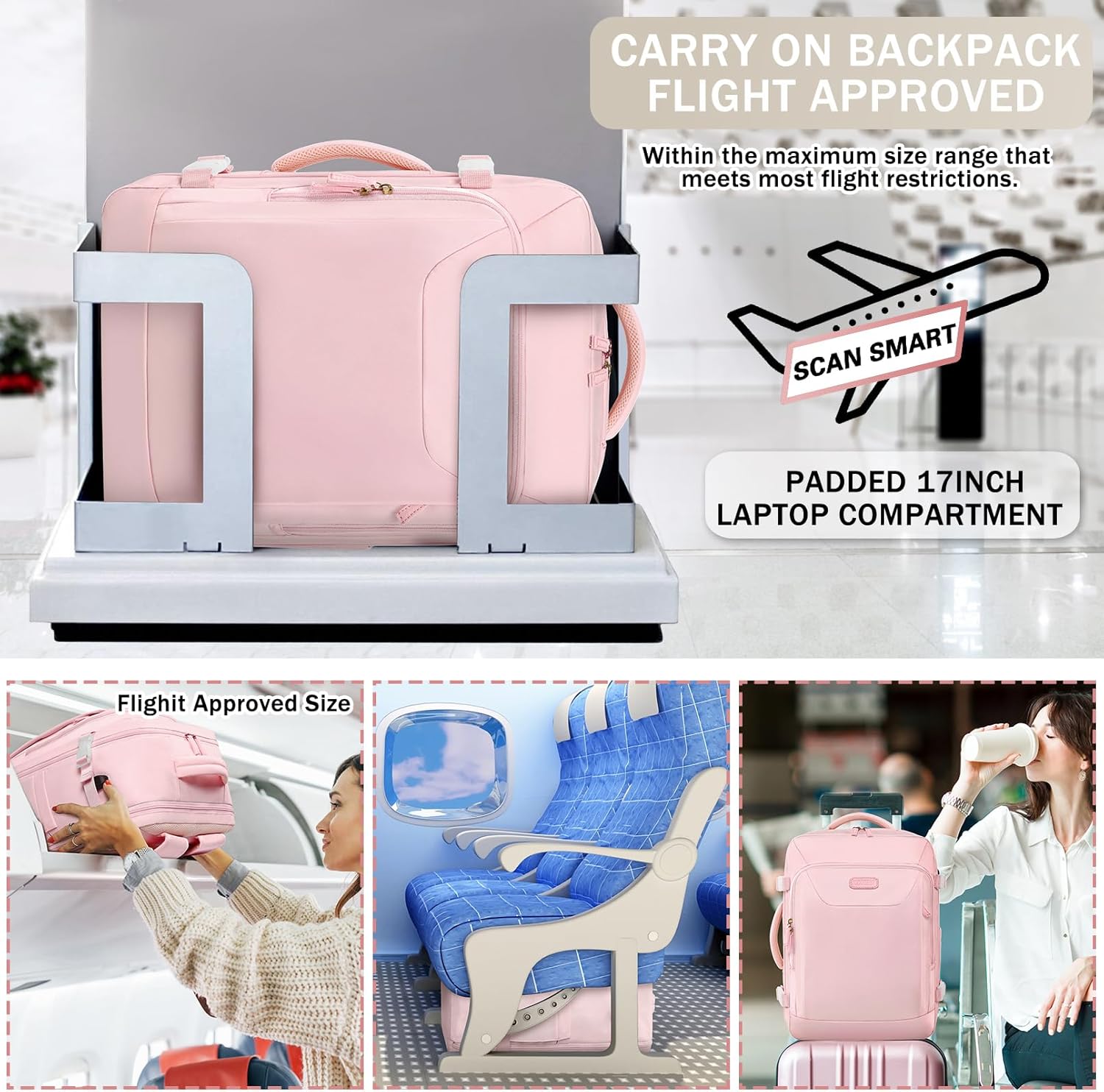 Travel Backpack for Women, Carry On Backpack, TSA 15.6inch Laptop Backpack Flight Approved, College Nurse Bag Casual Daypack for Weekender Business Hiking, Pink