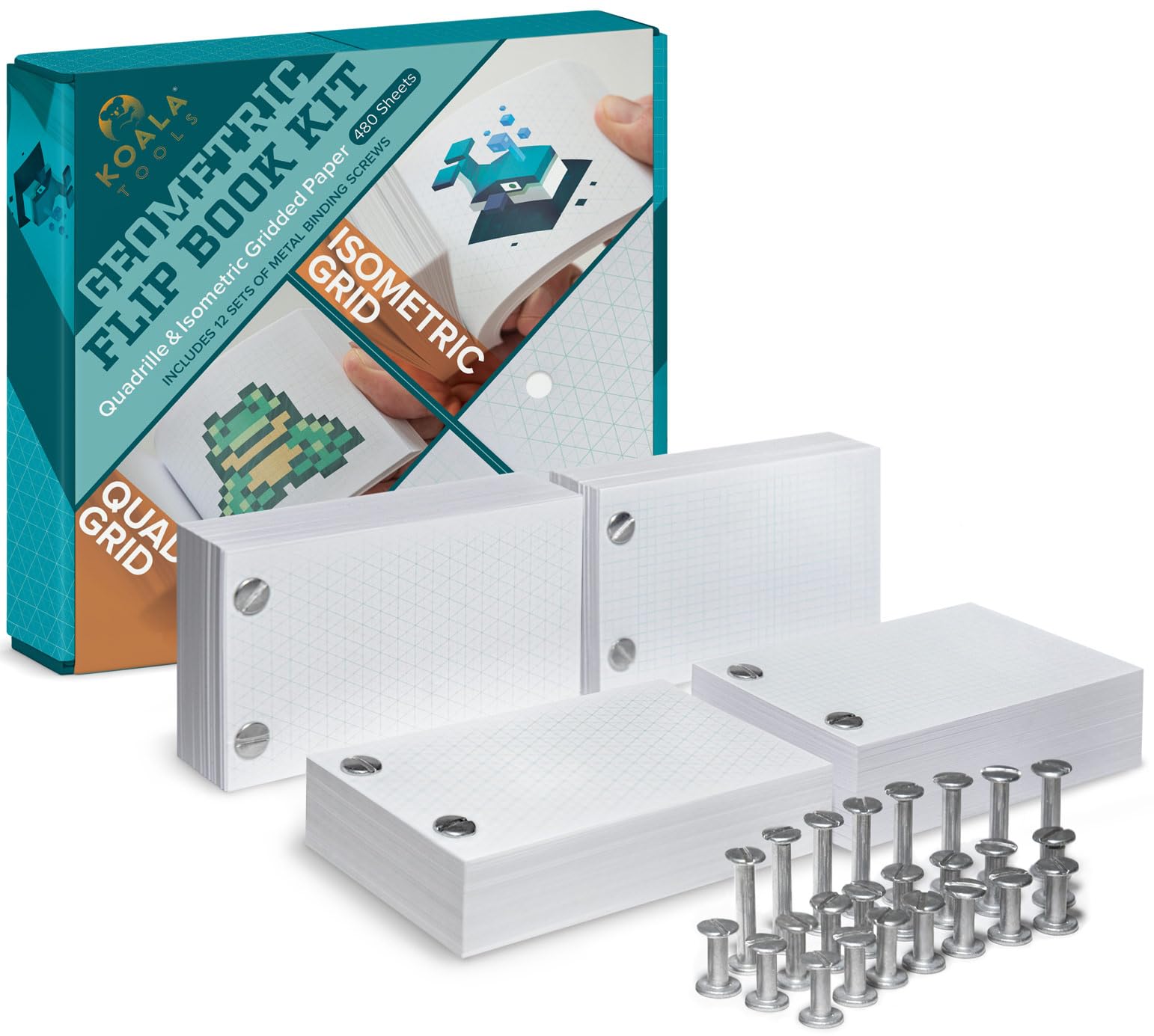 Geometric Flip Book Kit - Quadrille and Isometric Gridded Flip Book Paper with Holes - 480 Sheets - Includes Ruler and Metal Binding Screws - Works with Flip Book Light Pads