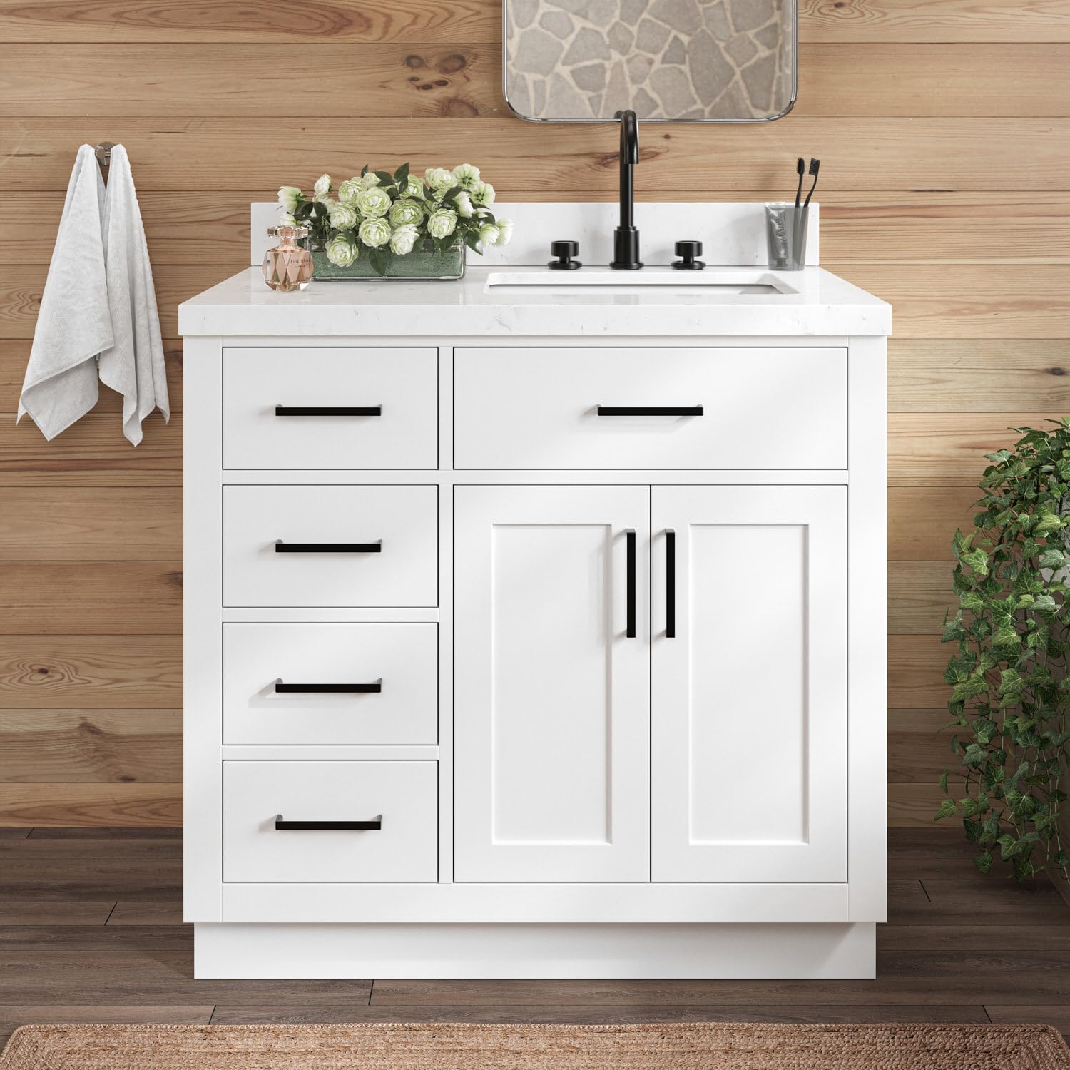 ARIEL Hepburn 36 Inch White Bathroom Vanity with Single Sink, Solid Wood Vanity Base Cabinet, Carrara White Quartz Countertop, 1.5-Inch Edge, Right Rectangular Sink, 2 Soft Closing Doors, 5 Drawers