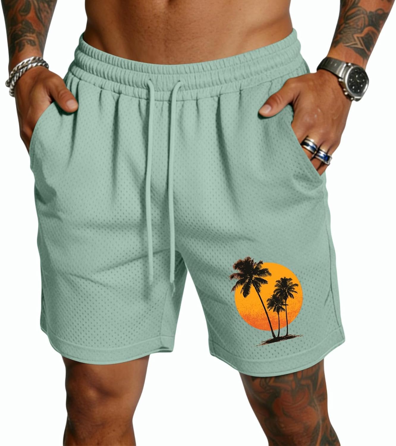 Ymosrh Men's Casual Shorts Elastic Waist Drawstring Hawaiian Palm Tree Print Beach Vacation Shorts with Pockets S-3XL