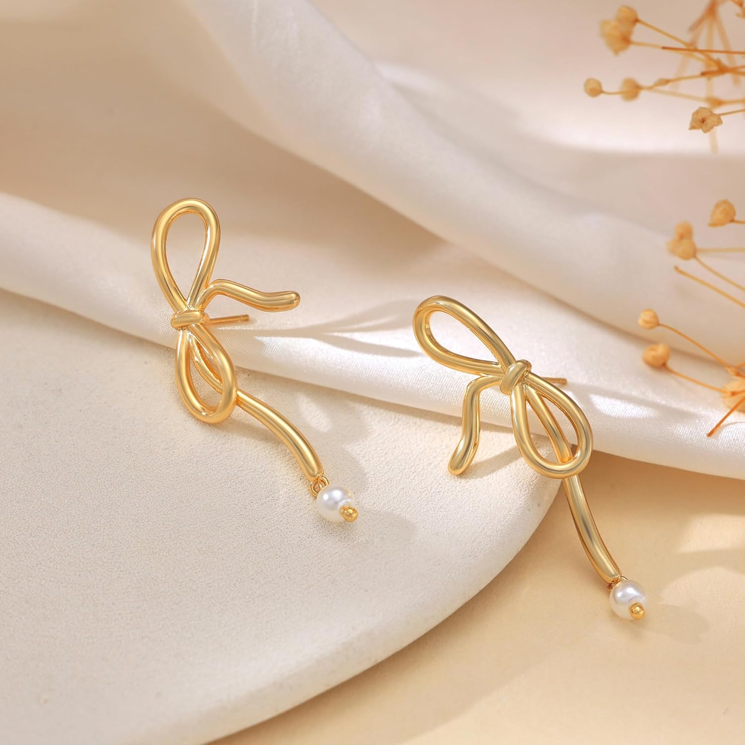 Risamil 14K Gold Plated/Silver Earrings for Women Trendy, Dainty Bow Earrings for Women Cute Pearl Huggie Earring Hoops Twist Rope Bow Stud Pearl Dangle Cubic Zirconia Earrings Jewelry Gifts - Image 7