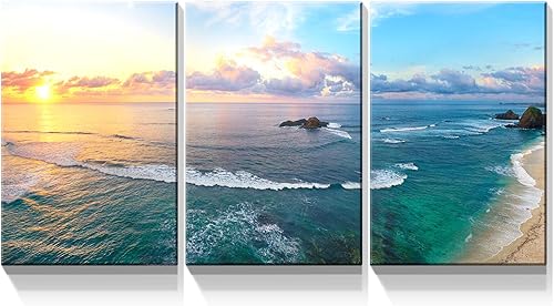 Miniatura 29 de Denozer - Lienzo decorativo de 3 paneles para decoración del hogar, mar azul, puesta de sol, blanco, playa, pintura, impresión sobre lienzo, paisaje