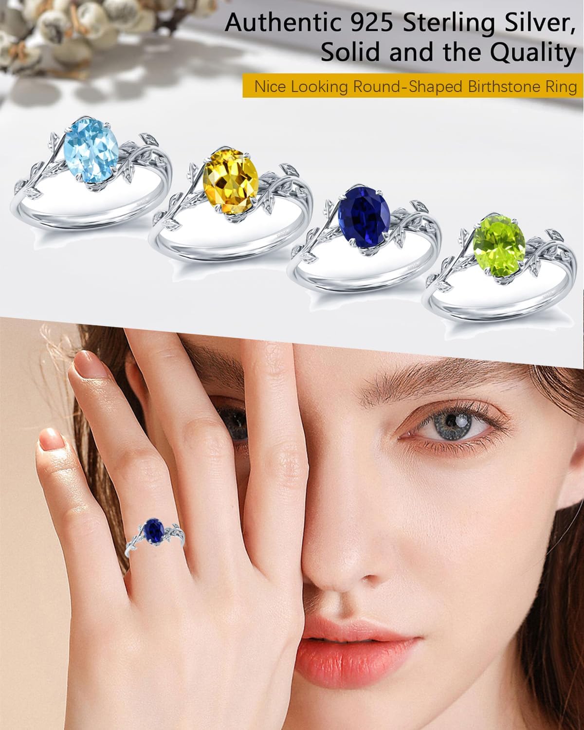 Wasee September Birthstone Ring 925 Sterling Silver Sapphire Ring Oval Leaf Promise Ring for Her Birthday Anniversary Jewelry for Women,Ring Size 8 - Image 5