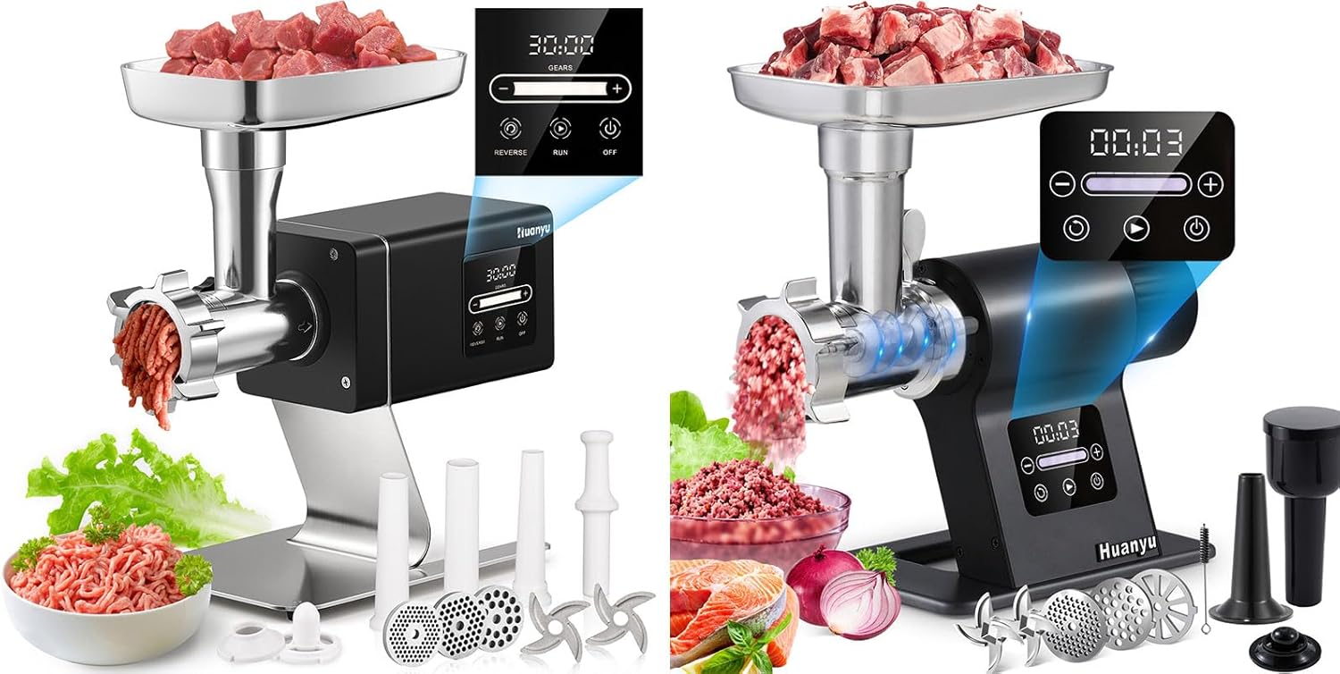 Huanyu Commercial Meat Grinder #12 Variable RPM With Touchscreen Heavy Duty 1.3HP and Huanyu 2000W Heavy Duty Electric Meat Grinder for Bone and Game Meat Bundle