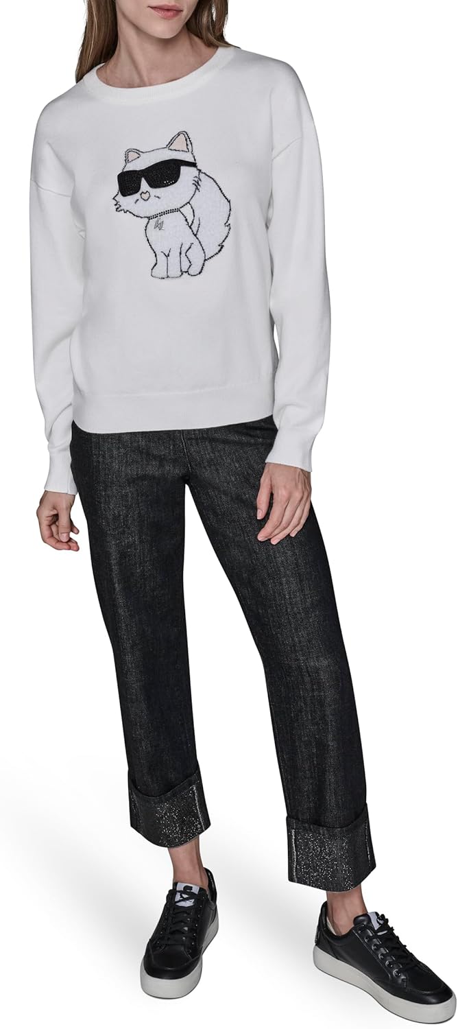 KARL LAGERFELD womens Long Sleeve Crew Neck Cool Choupette Sweater - Image 2