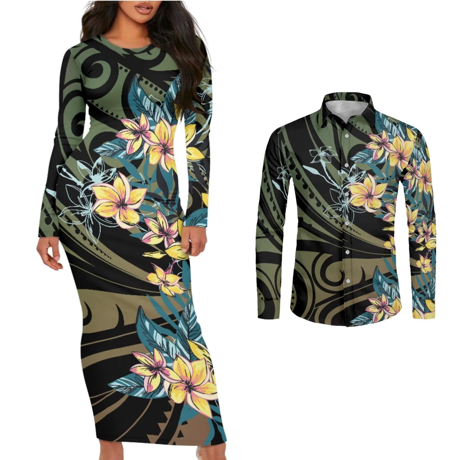 Hdjxbdhsv Polynesian Tribal Clothing Samoa Colorful Tapa Flower Print Custom Couple Matching Outfits Club Dress Men Shirt ﻿