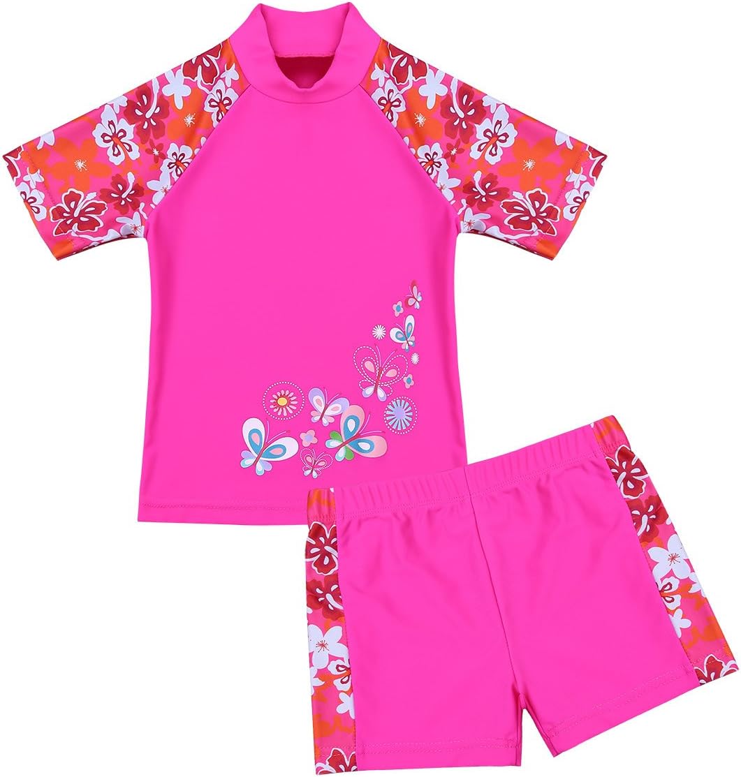 Mufeng Baby Girls Floral Printed Rash Guard Sets UPF 50+ Sun Protection Child Short Sleeve 2-Piece Swimsuit Swimwear